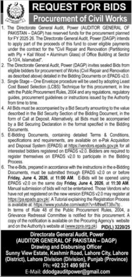 REQUEST FOR BIDS - Procurement of Civil Works - Civil Repair and Renovation of Office Building at Sector G-10/4, Islamabad - Directorate General Audit, Power (AUDITOR GENERAL OF PAKISTAN - DAGP)