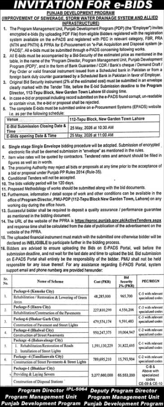 INVITATION FOR e-BIDS - PUNJAB DEVELOPMENT PROGRAM (IMPROVEMENT OF SEWERAGE, STORM WATER DRAINAGE SYSTEM AND ALLIED INFRASTRUCTURE) - Program Management Unit Punjab Development Program