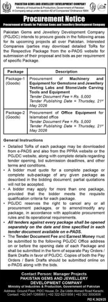 Procurement Notice - Procurement of Goods for Pakistan Gems and Jewellery Development Company - Pakistan Gems and Jewellery Development Company (PGJDC)