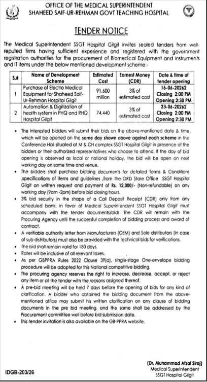 TENDER NOTICE - Procurement of Biomedical Equipment and Instruments - Office of the Medical Superintendent Shaheed Saif-Ur-Rehman Govt Teaching Hospital Gilgit