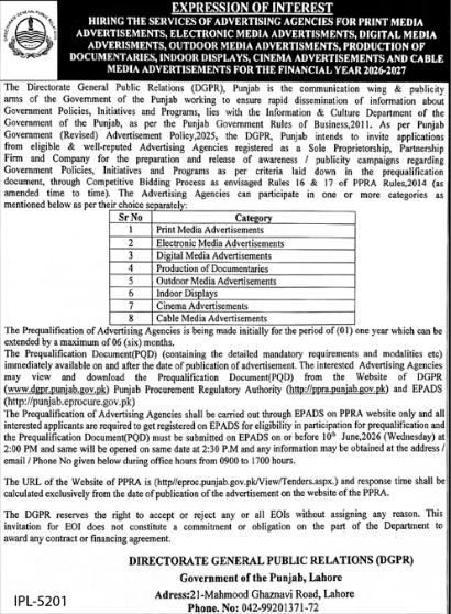 EXPRESSION OF INTEREST - HIRING THE SERVICES OF ADVERTISING AGENCIES FOR PRINT MEDIA, ELECTRONIC MEDIA, DIGITAL MEDIA ETC FOR FY 2026-2027 - Directorate General Public Relations (DGPR), Government of the Punjab, Lahore