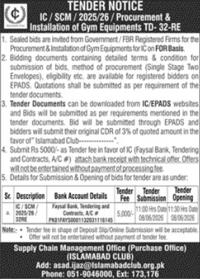 TENDER NOTICE - IC / SCM / 2025/26 / Procurement & Installation of Gym Equipments TD- 32-RE - Islamabad Club (Supply Chain Management Office)