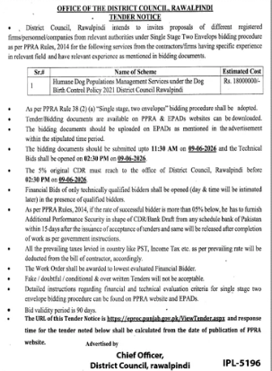TENDER NOTICE - Human Dog Population Management Services under the Dog Birth Control Policy 2021, District Council Rawalpindi - District Council, Rawalpindi
