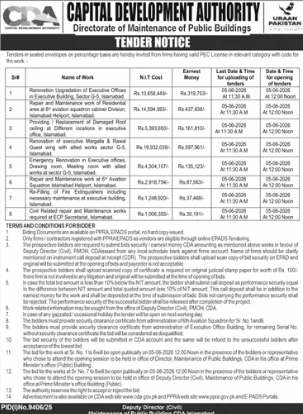 TENDER NOTICE - Renovation Upgradation of Executive Offices, Repair and Maintenance work of Residential & Non-Residential Buildings at various locations Islamabad Airport - Capital Development Authority, Directorate of Maintenance of Public Buildings