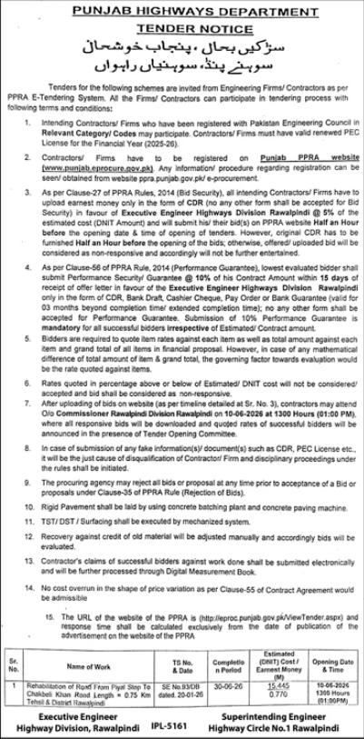 TENDER NOTICE - Rehabilitation of Road From Pipal Stop To Chablat Khan Road Length = 0.75 Km Tehsil & District Rawalpindi - Punjab Highways Department, Highway Division Rawalpindi