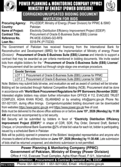 CORRIGENDUM/UPDATED BIDDING DOCUMENT - INVITATION FOR BIDS - Procurement of Oracle E-Business Suite (EBS) License - Power Planning & Monitoring Company (PPMC), Ministry of Energy (Power Division)