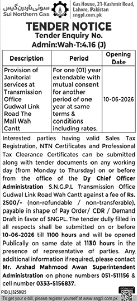 Provision of janitorial services at transmission office Gudwal Link Road Wah Cantt - Sui Northern Gas Pipelines Limited (SNGPL)