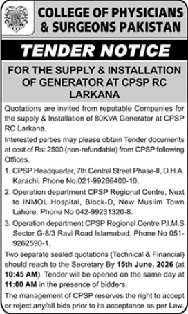 Supply and installation of 80KVA generator at CPSP Larkana - College of Physicians & Surgeons Pakistan