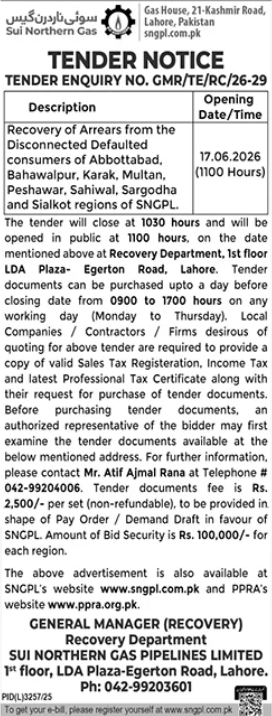 Recovery of arrears from disconnected defaulters - Abbottabad, Bahawalpur, Karak, Multan, Peshawar, Sahiwal, Sargodha, Sialkot - Sui Northern Gas Pipelines Limited (SNGPL)