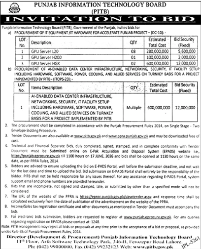 Procurement of IT equipment and data center infrastructure for Accelerate Punjab project - Punjab Information Technology Board (PITB)
