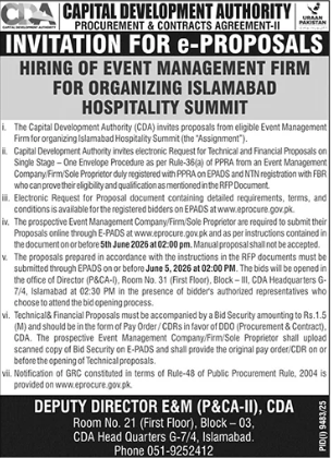 Hiring of event management firm for organizing Islamabad Hospitality Summit - Capital Development Authority (P&C&CA-II)