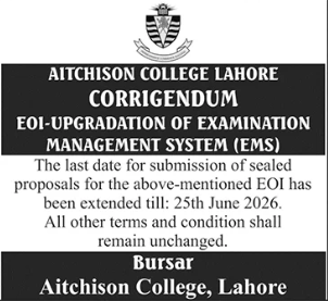 Corrigendum - Upgradation of Examination Management System last date extended - Aitchison College Lahore