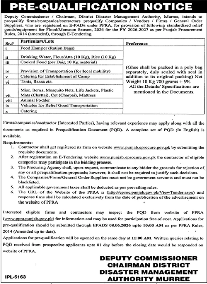 Pre-qualification notice for provision of standardized relief goods/equipment for flood/monson season FY 2026-2027 - Deputy Commissioner / Chairman, District Disaster Management Authority Murree