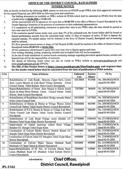 Tender notice - 11 civil works schemes including roads, streets, drains, culverts - District Council, Rawalpindi