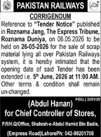 Corrigendum - Sale of scrap material lying all over Pakistan Railways - Pakistan Railways, Chief Controller of Stores