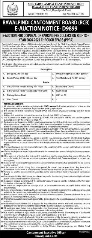 E-auction for disposal of parking fee collection rights FY 2026-2027 - Rawalpindi Cantonment Board (RCB)