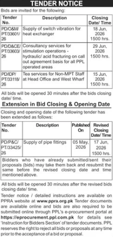 PPL Multiple Tenders - Switch vibration, fracturing, tea services, pipe fittings - Pakistan Petroleum Limited (PPL)