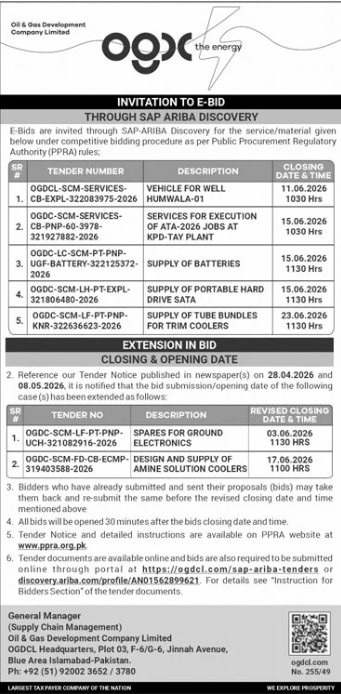 OGDCL Multiple E-Bids - Vehicles, services, batteries, hard drives, tube bundles - Oil & Gas Development Company Limited (OGDCL)