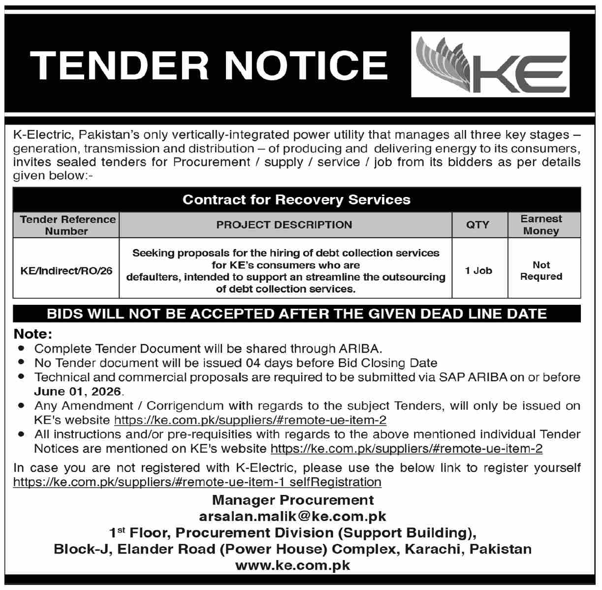 Contract for recovery services - Hiring of debt collection services - K-Electric (KE)