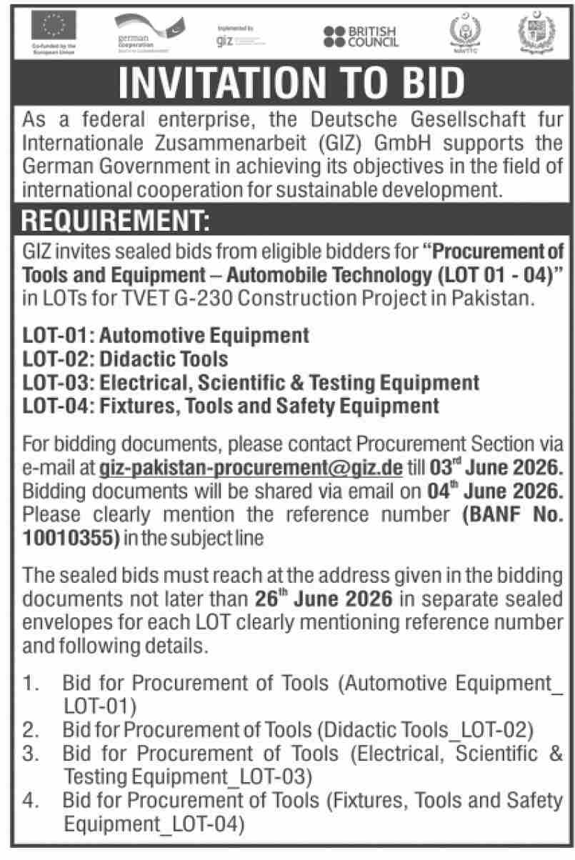Procurement of tools and equipment - Automobile technology LOT 01-04 - Deutsche Gesellschaft fur Internationale Zusammenarbeit (GIZ) GmbH