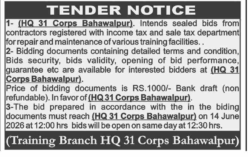Repair and maintenance of various training facilities - HQ 31 Corps Bahawalpur