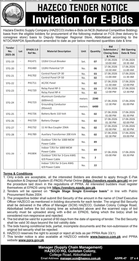 HAZECO E-Bids Electrical Equipment Abbottabad - Hazara Electric Supply Company (HAZECO)
