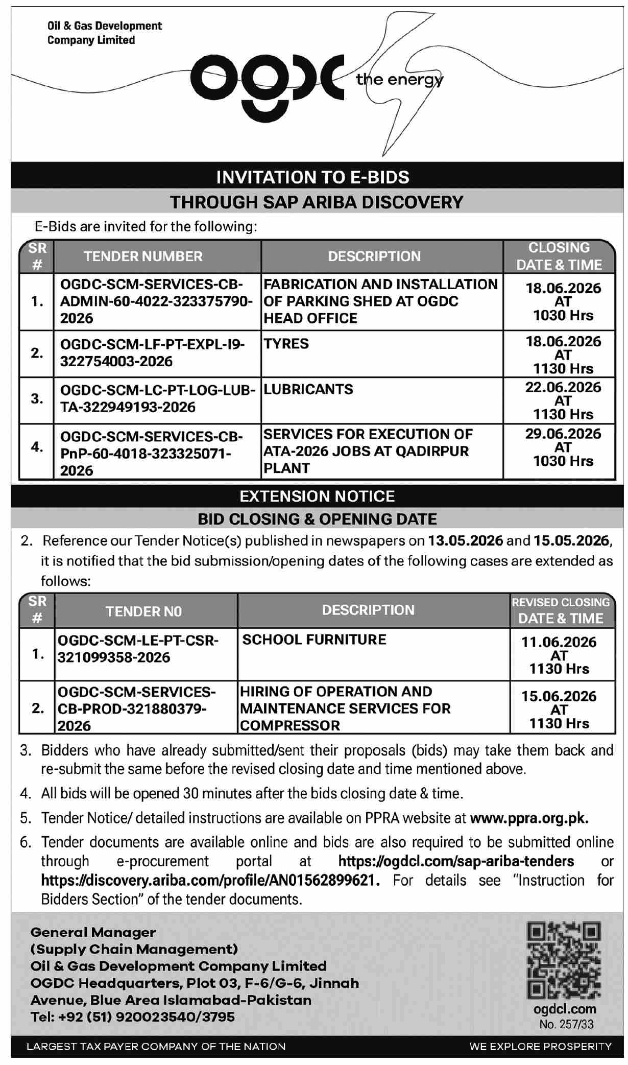 OGDCL E-Bids - Parking Shed, Tyres, Lubricants, Services