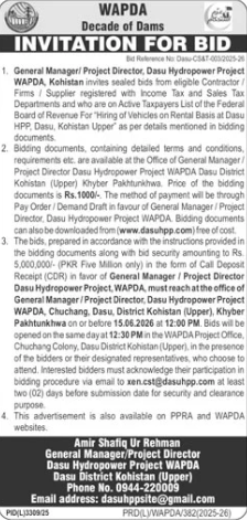 Hiring of Vehicles on Rental - Dasu Hydropower Project - WAPDA, Dasu Hydropower Project