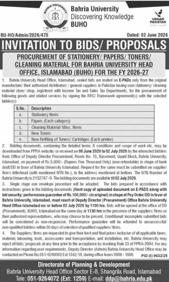 Stationery Papers Toners Cleaning Material BUHO FY 2026-27