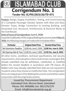 Corrigendum Passenger Elevator System Islamabad Club
