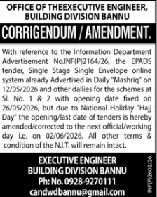 Corrigendum E-PADS Tender Date Extended Bannu - Executive Engineer, Building Division Bannu