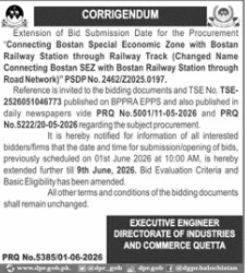 Corrigendum Bostan SEZ Railway Track Connection - Executive Engineer Directorate of Industries and Commerce Quetta