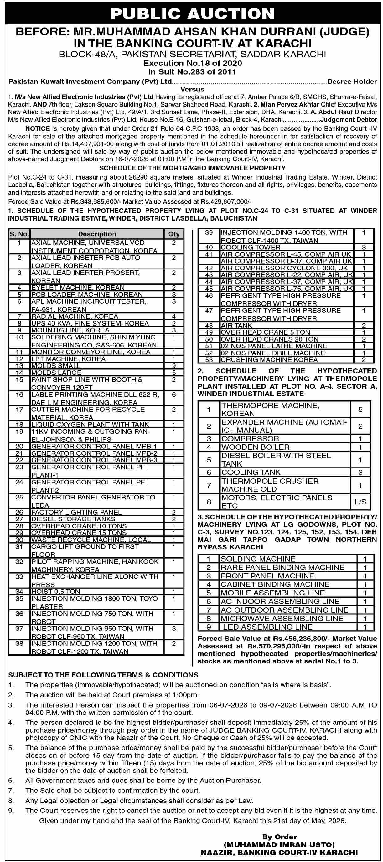 Public Auction - Mortgaged Property & Machinery Winder Industrial Estate - Banking Court-IV, Karachi