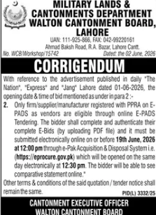 Corrigendum - Walton Cantonment Board E-PADS Tender