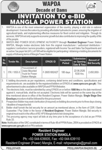 E-Bid Mangla Power Station - Procurement of Truck - WAPDA, Resident Engineer Power Station Mangla