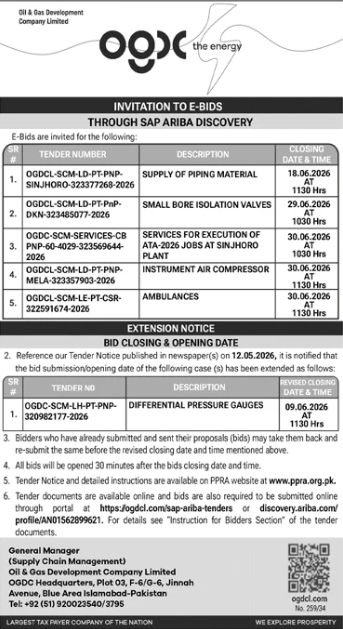 OGDCL E-Bids Piping, Valves, Services, Compressor, Ambulances