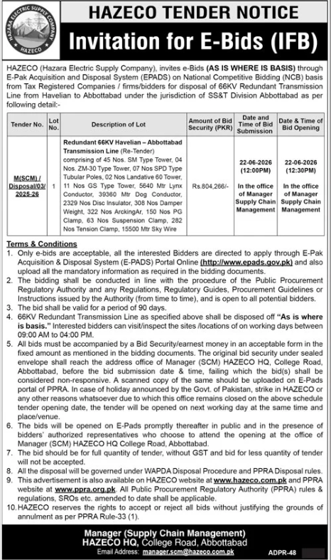 Disposal of 66KV Redundant Transmission Line HAZECO - Hazara Electric Supply Company (HAZECO)