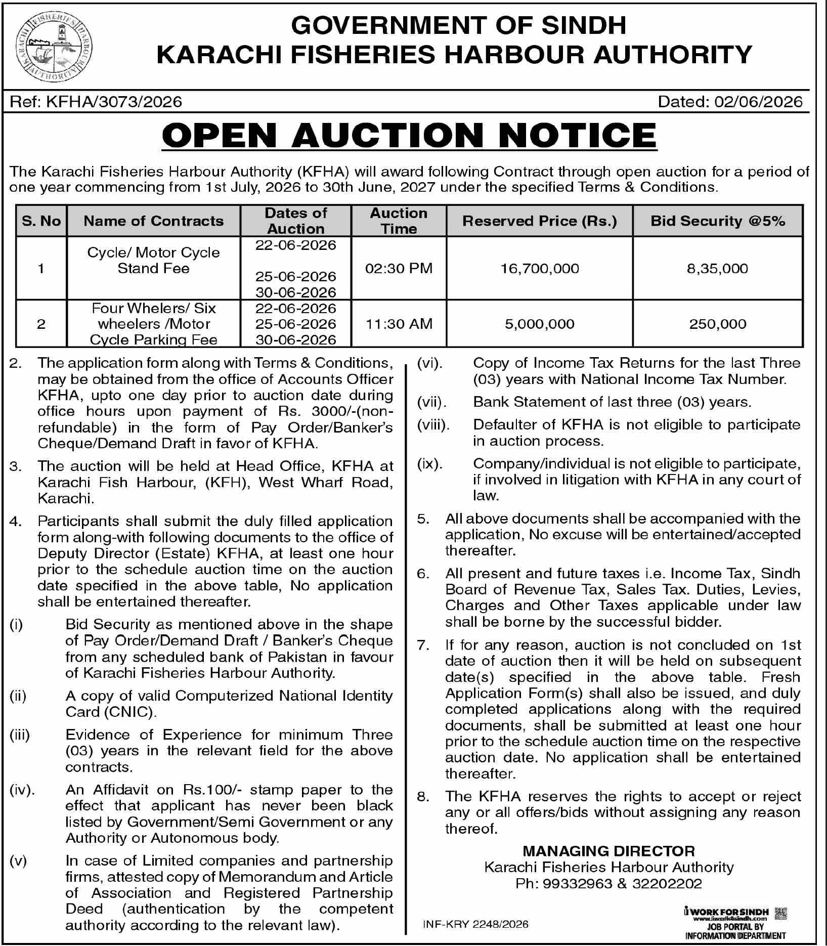Open Auction - Parking Fee Contracts KFHA Karachi - Karachi Fisheries Harbour Authority (KFHA)