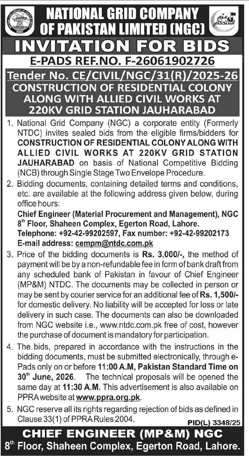 Construction of Residential Colony at 220KV Grid Station Jauharabad - National Grid Company of Pakistan Limited (NGC)