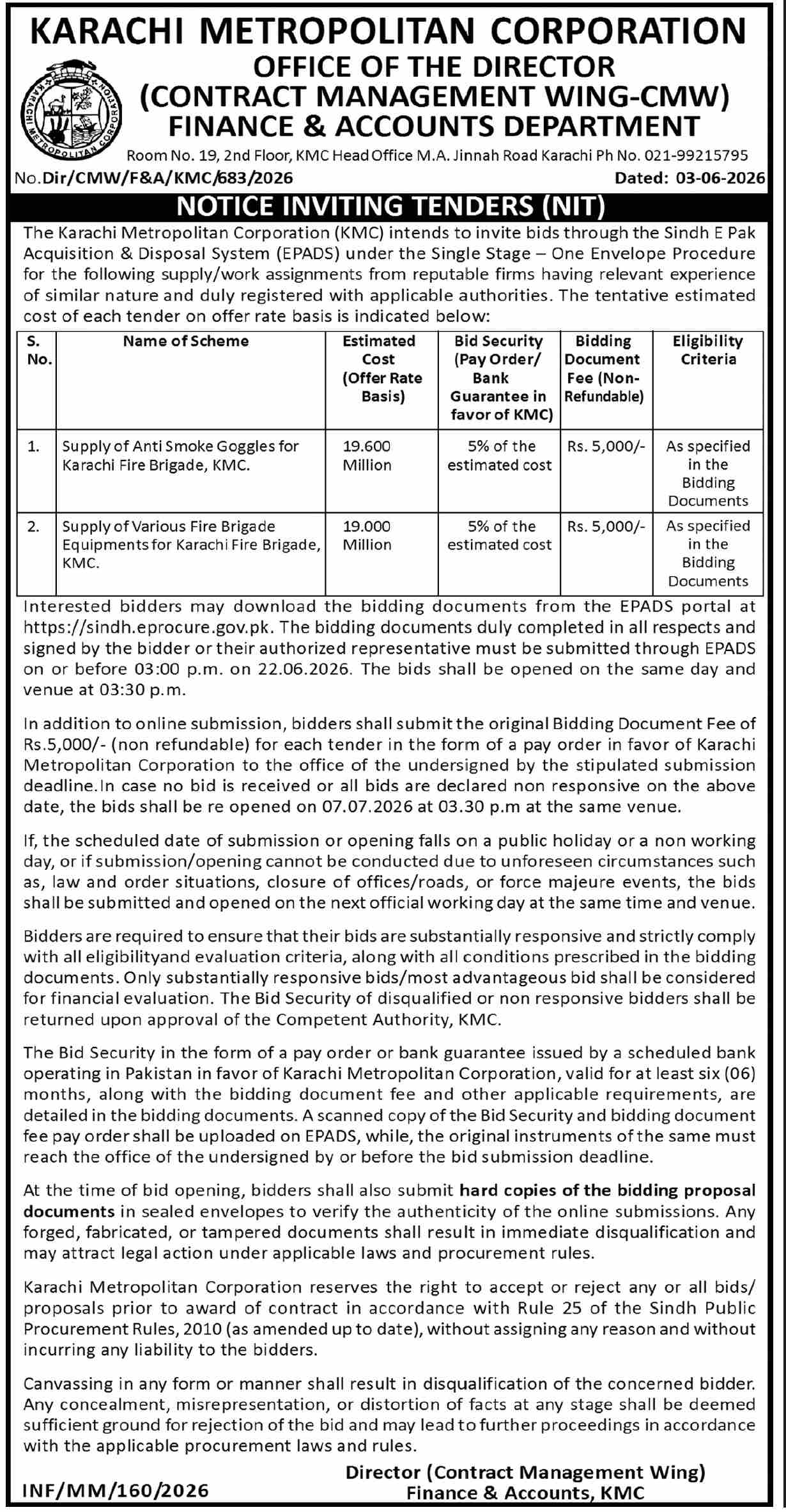 Supply of Anti Smoke Goggles & Fire Brigade Equipment KMC - Karachi Metropolitan Corporation (KMC)