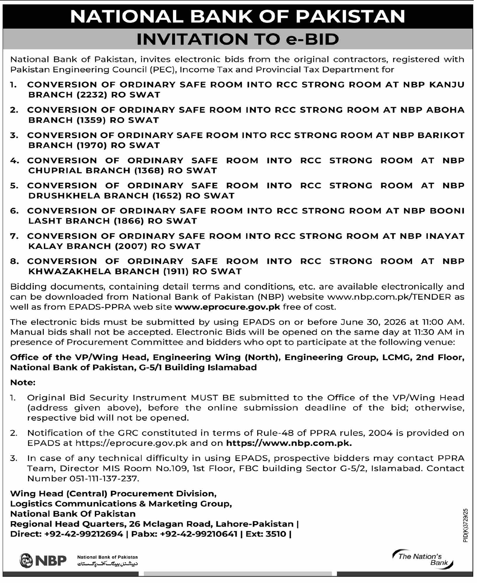RCC Strong Rooms Conversion - NBP Swat Branches - National Bank of Pakistan (NBP)
