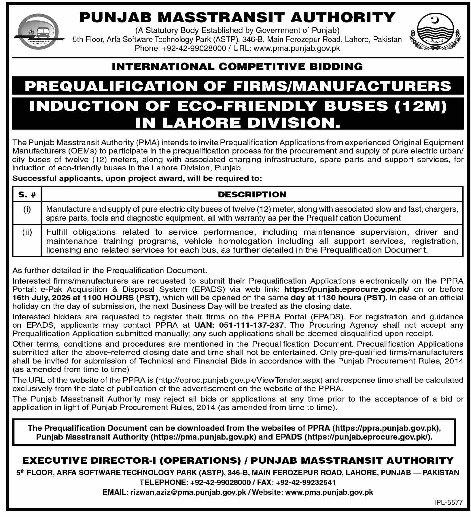 Prequalification of OEMs for Electric Buses - PMA Lahore