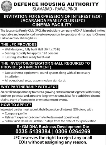 EOI - Cinema Facility at Jacaranda Family Club DHA Islamabad