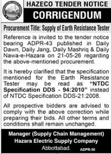 Corrigendum - Earth Resistance Tester Specification HAZECO - Hazara Electric Supply Company (HAZECO)