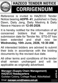 Corrigendum - Date Extended STG-07 HAZECO - Hazara Electric Supply Company (HAZECO)