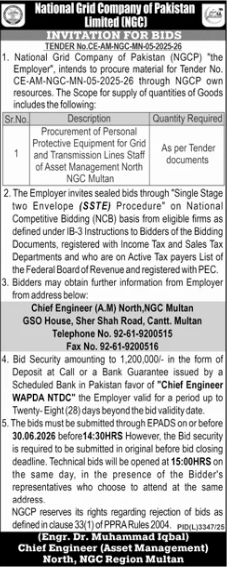 Personal Protective Equipment for Grid Staff - NGC Multan - National Grid Company of Pakistan Limited (NGC)