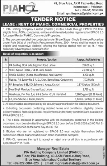 Lease/Rent of PIAHCL Commercial Properties - PIA Holding Company Limited (PIAHCL)