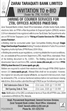 Hiring of Courier Services - ZTBL Offices Pakistan - Zarai Taraqiati Bank Limited (ZTBL)