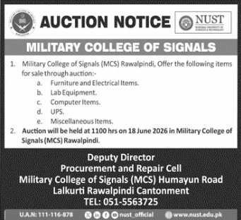 Auction of Furniture, Lab Equipment, UPS - MCS Rawalpindi - Military College of Signals (MCS)