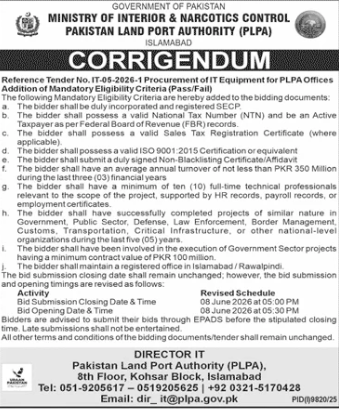 Corrigendum - IT Equipment for PLPA Offices Islamabad